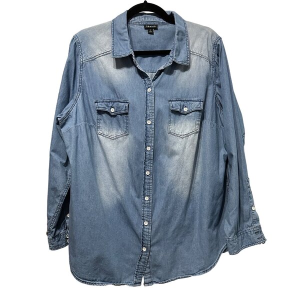 Torrid women's size 1 (14/16-1X) distressed denim button front tunic long sleeve - Picture 1 of 6